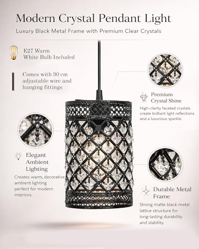 Image of Homesake Moroccan Crystal Hanging Pendant Light, Vintage Metal Jali Ceiling Lamp, Bulb Included for Living Room, Bedroom & Balcony, Warm Ceiling Light, Black Round