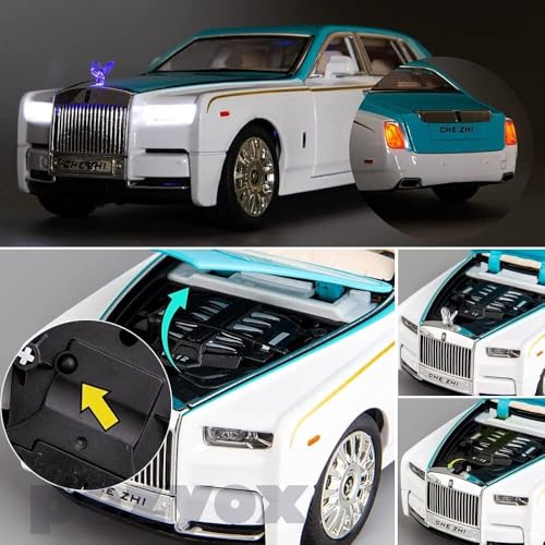 Image of 1 /24 Rolls-Royce Phantom Model Car,Zinc Alloy Pull Back Toy car with Sound and Light for Kids Boy Girl Gift. (Blue-White)