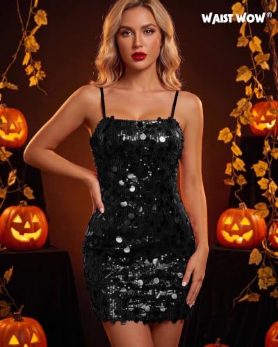 Image of Waist Wow Sequin Dress for Women Spaghetti Strap Sexy Dresses Glitter Sparkly Mini Dress