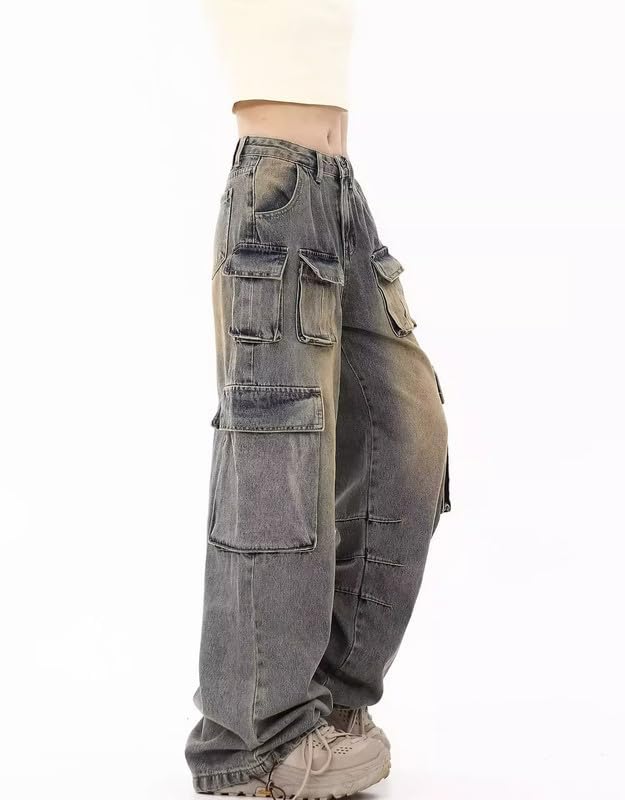 POHADON Cargo Jeans for Women Straight Wide Leg Baggy Denim Pants Flap Pocket Relaxed Fit Streetwear Y2K Grunge Clothes3
