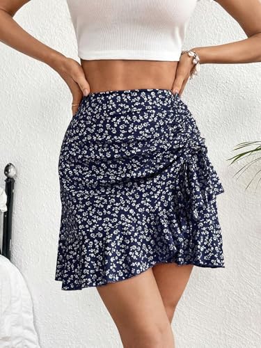 EARKOHA 2025 Skirts for Women Ditsy Floral Print Drawstring Ruffle Hem Skirt Royal Blue L3
