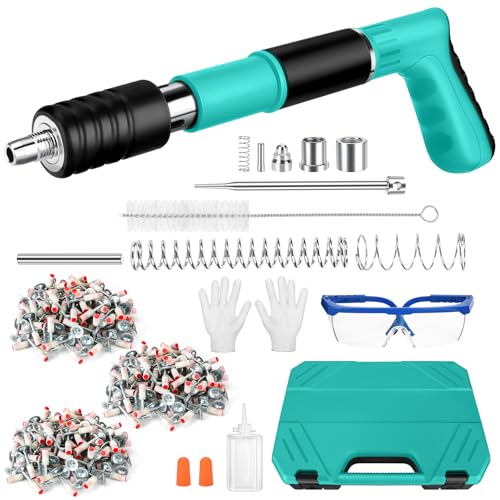 Pistolet à Clous Manuel avec 300 Clous Ronds, 5 Vitesses Pistolet Pneumatique pour Acier et Béton, Silencieux Réglable, Pistolet à Ongles Portable avec Gants à Lunettes Bouchons d'oreille (Vert)
