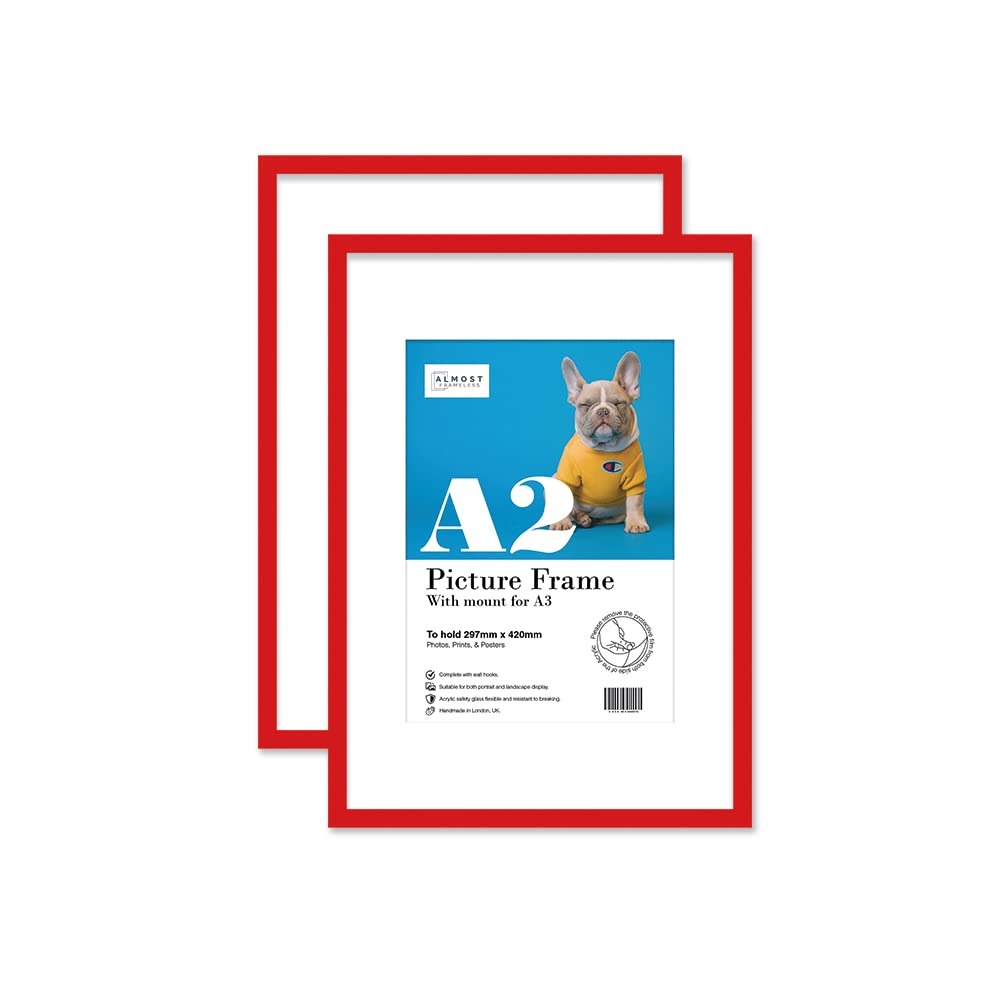 Almost Frameless Red A2 Picture Frame Set Of 2, Display A3 Pictures With Mount Or A5 Without Mount Gallery Wall, Poster, Photo, Artwork, Or Print,