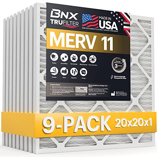 Bnx 20X20X1 Merv 11 Air Filter 9 Pack - Made In Usa - Electrostatic Pleated Air Conditioner Hvac Ac Furnace Filters - Removes Dust, Mold, Pollen, Lint, Pet Dander, Smoke, Smog #TOP10