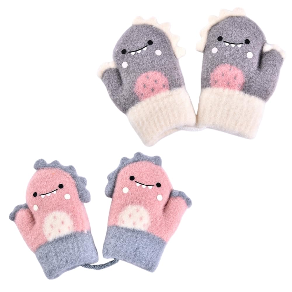 SDXCJY 2 Pairs Baby Mittens Winter Warm,Toddler Gloves Age 0-2 Kids Mitten on String for Toddler Winter Knitted Mittens String Baby Gloves for Boys Girls (Pink+Gray)