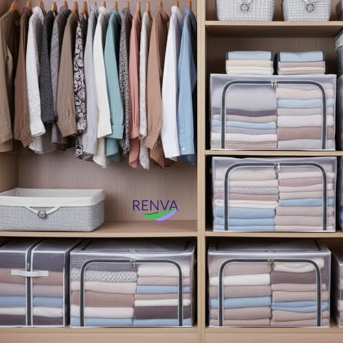 Image of RENVA 2PCS Fully Transparent Openings Clothes Storage Bins with Metal Frame, Stackable & Foldable Storage Box with Lids, Closet Organizers, Cap, Sweater (40L x 30W x 20H) CM. (Transparent, 24L-2)