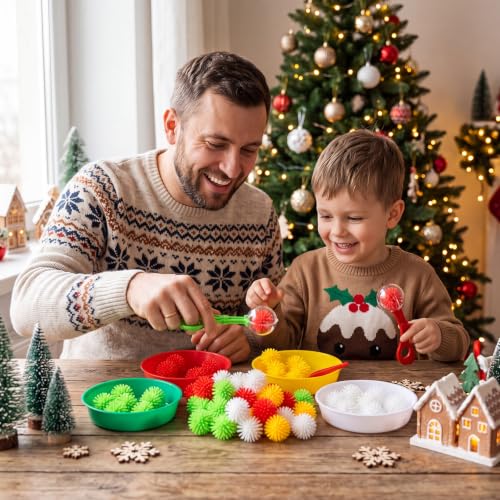 Image of Leitee 71 Pcs Sensory Bin Filler,Red Green,Christmas | Hedge Balls Tweezers Clips Cups, Fine Skills Toys Set for Kids Counting Sorting, Sensory Bin Tools Preschool Learning