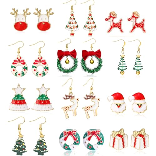 12 Pairs Christmas Earrings Set Dangle Drop Xmas Earrings for Women & Kids Santa Reindeer Tree Snowflake Gift Box Star Holiday Jewelry