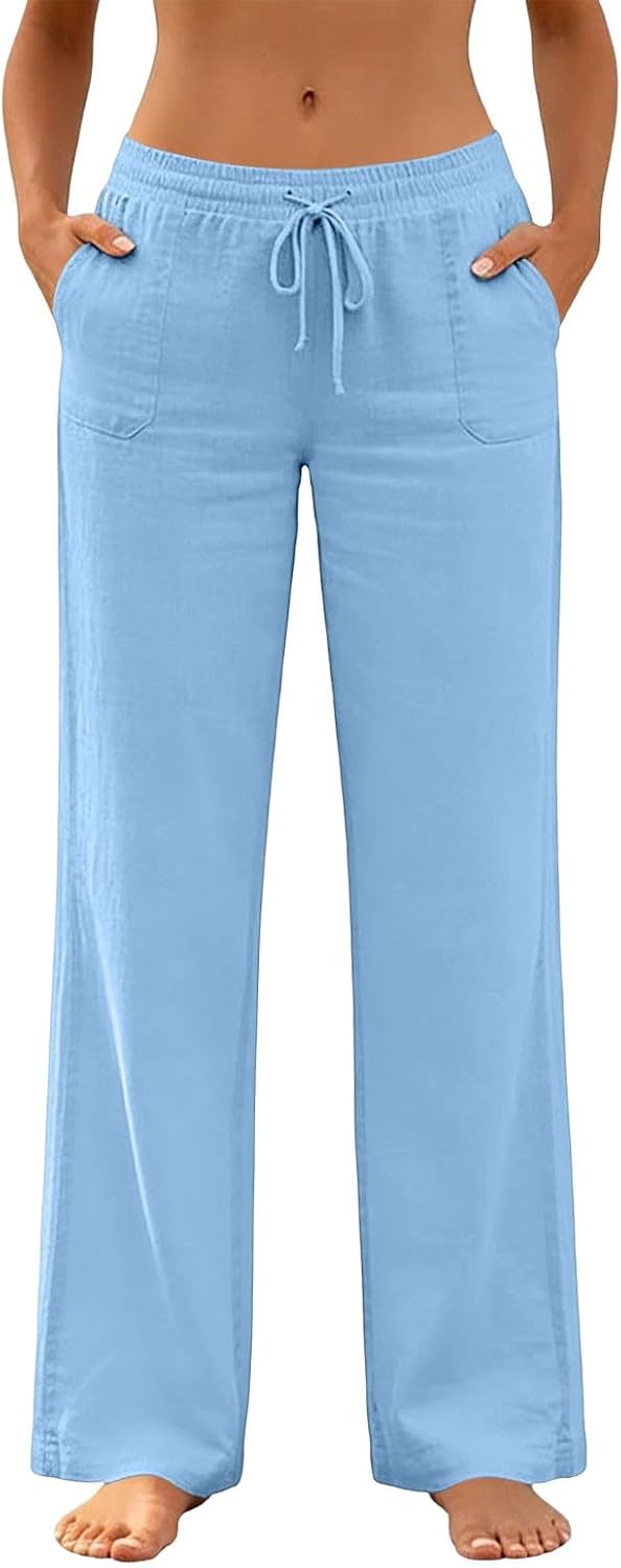 Linen Pants for Women Cotton Baggy Boho Casual Palazzo Pants Wide Leg Drawstring Lounge Trousers with Pockets