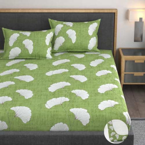 Image of Premium Heavy Cotton Elastic Fitted Bedsheets with 2 King Size Pillow Covers || Double Bed with All Around Elastic 350 TC || 60 x 78 x 8 Inch Queen Size Fitted || :- Green Jhaad
