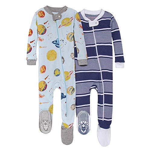 Burt's Bees Baby Pijama de bebé para niños, con cremallera frontal, antideslizante, algodón orgánico, Little Planets 2-pk, 24 meses