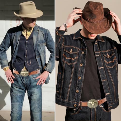JIMJOY Men's Western Leather Belt Cowboy Belts for Men Big Engraved Buckle Belts3
