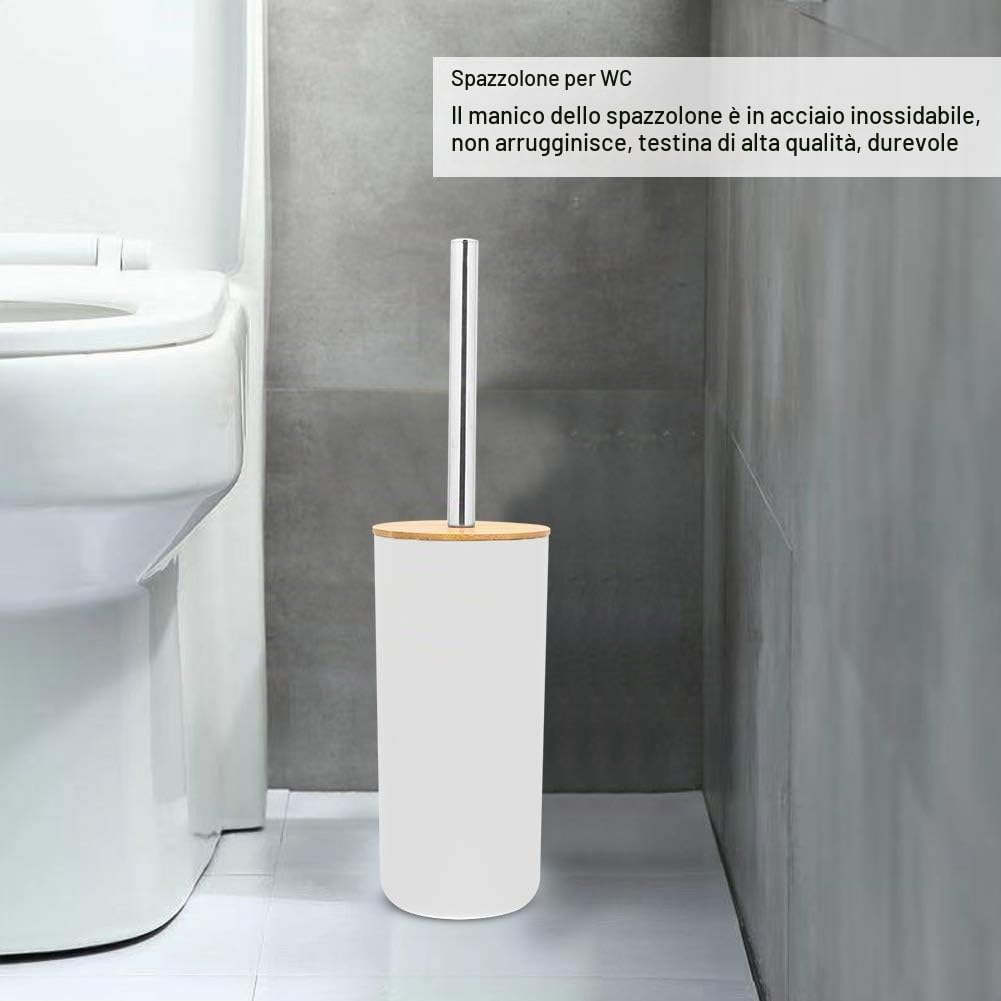 Wakects Set Accessori da Bagno 6 Pezzi, Dispenser Sapone, Portasapone, Portaspazzolino, Tazza, Scopino WC, Pattumiera, PP e Bambù, Bianco