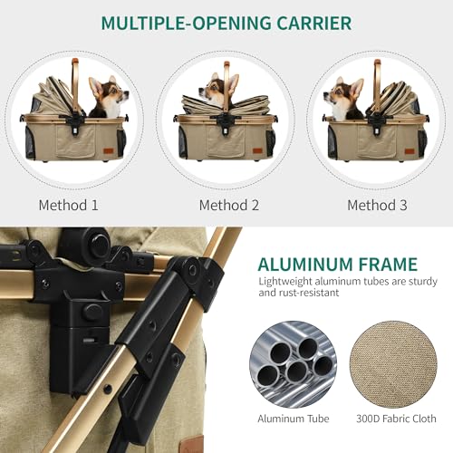 YITAHOME Hundewagen 3 in1 Hundebuggy Transporttasche, Faltbar klappbar Katzenwagen, Bis 15,9kg, 360°Verschleißfeste Gummiräder, Ablagekorb, Netzfenstern Getränkehalter, für Hunde & Katzn (Beige)