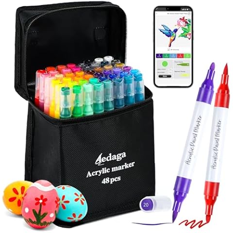 YHC 48 Colors Acrylic Paint Pens with Free App, Dual Tip Acrylic Paint Markers with Brush Tip and Fine Tip for Adults, Kids, Eggs, Wood, Rock, Canvas, Plastic, Stone, Glass, Ceramic Cover