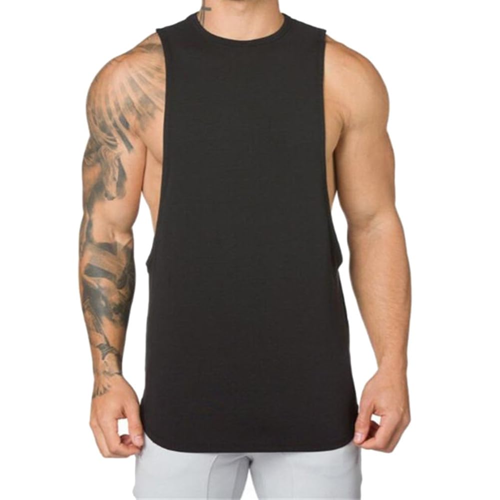 Simiduneur Men's Black Workout Bodybuilding Drop Arm Tank Tops Athletic Training Gym Fitness Shirts Vest Cotton Cut Off Sleeveless Muscle T-Shirt,,Xxl