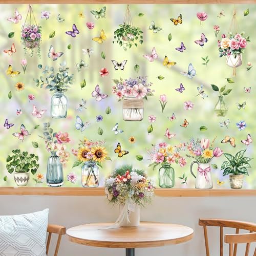 Moxled 9 Blatt Fensterbilder Frühling Blumen Selbstklebend - Fensterdeko Frühling Fenstersticker Topfpflanze Hängend Pflanzen Schmetterlinge Fensteraufkleber Wiederverwendbare für Kinderzimmer Deko