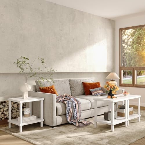 Mesa auxiliar de madera blanca de 50x50x58cm con dos niveles modelo LET510W 7