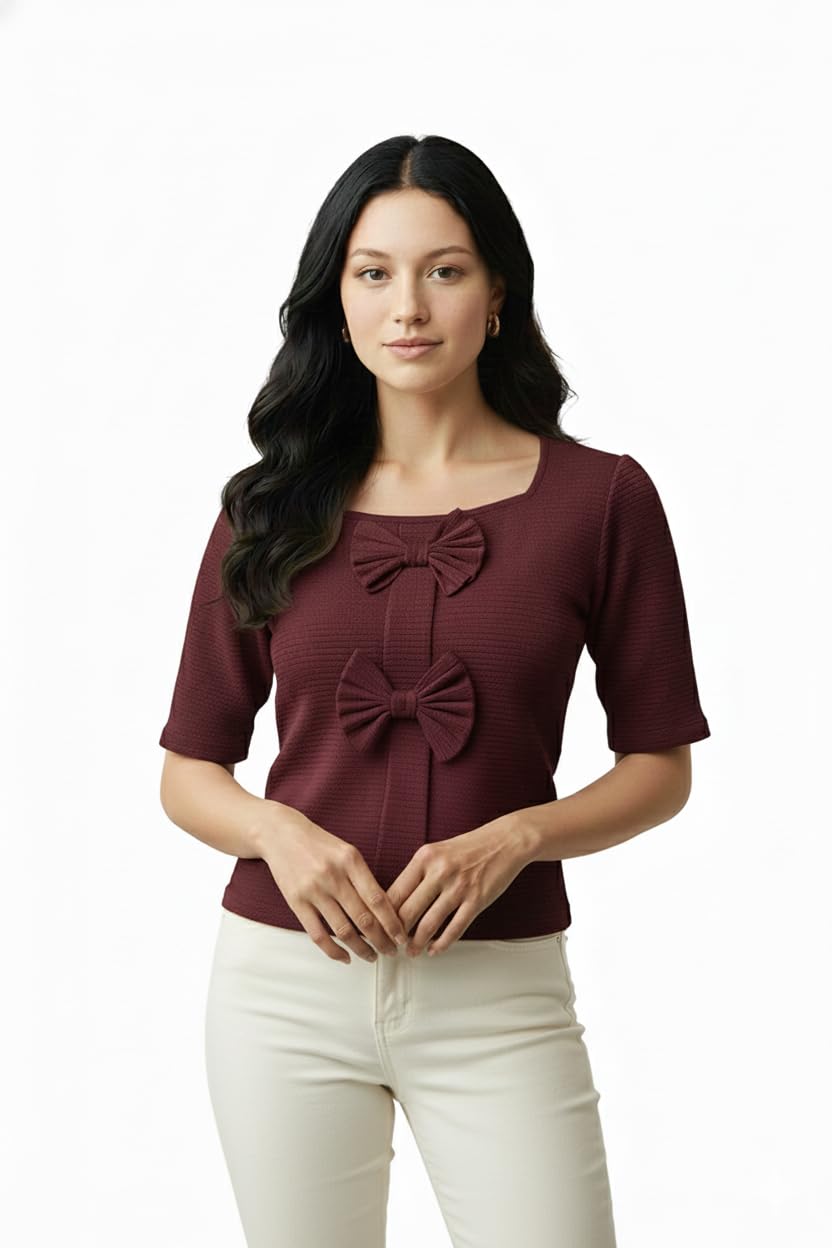 Women's Elegant Burgundy Textured Bow Detail Top, Square Neck, Half Sleeve, Casual Blouse-picture-50