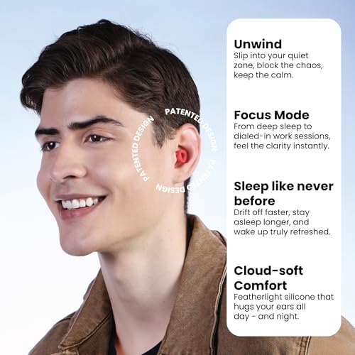 Image of Zenz Unwind Pro Ear Plugs for Sleeping, Soft Silicone Reusable Earplugs for Snoring, Yoga, Reading, Focus & Travel, 35dB Noise Reduction, 4 Sizes XS /S /M /L, Secure Fit with Case (Fiery Red, One Size)
