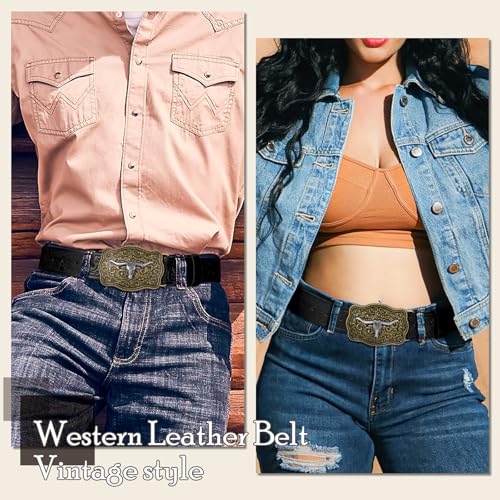Western Genuine Leather Belt Longhorn Bull Buckle Cowgirl Style2
