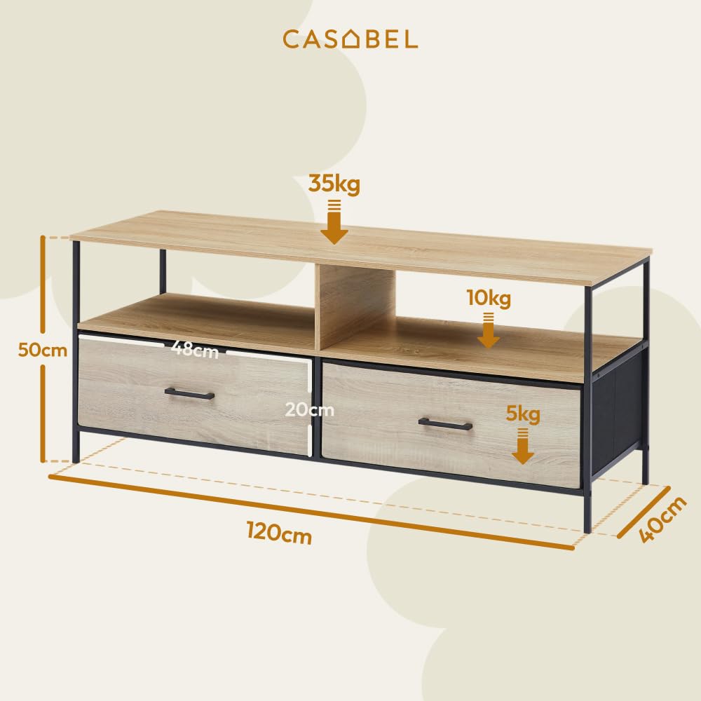 CASABEL Meuble TV 120 cm en métal Noir et Bois, Meuble de Salon avec 2 tiroirs en Tissu Rigide et étagères Ouvertes, Meuble Télé Solide, Design Pratique et résistant