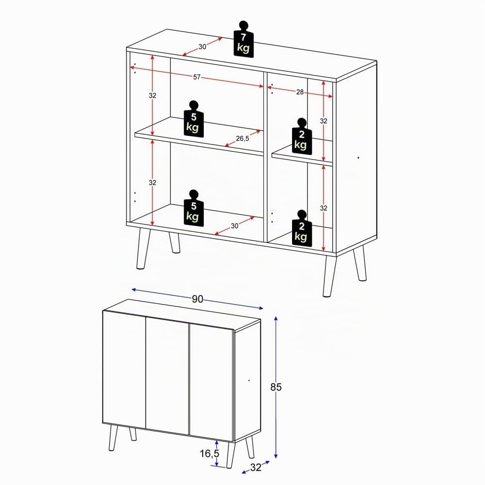 APARADOR BUFET 3 Puertas Blanco Carey, Blanco/Natural, 90 x 32 x 85 cm, Aparador bufet 3 Puertas Blanco