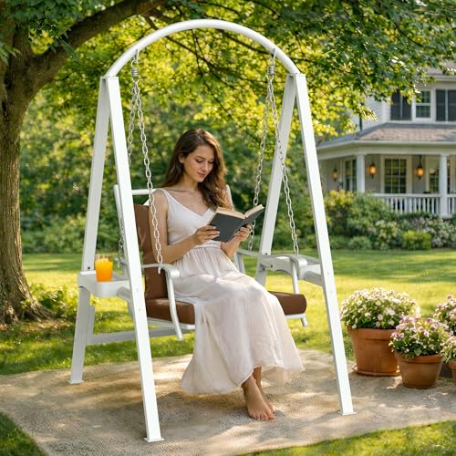 Image of Pamapic Porch Swing with Stand, 350lbs Heavy-Duty Metal Frame Outdoor Swing for Adults with Dual Side Trays, Adjustable Chains, Zippered Removable Cushion for Balcony, Backyard, Garden, White
