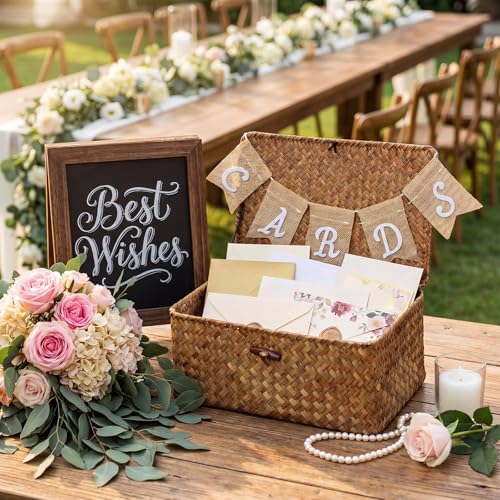 Image of Geelin Sea Grass Wedding Card Basket With Letter Flag Decorative Wedding Card Woven Post Box Suitable For Baby Showers Birthdays Graduation Ceremonies Bridal Showers (Coffee)