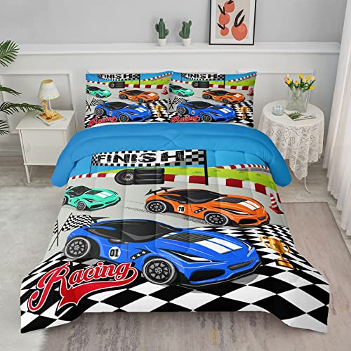 Axolotl Racing Car Bedding Set Twin Cool Speed Race Car Down Comforter for Kids Boys Girls Teens Car Theme Quilt with Three Cars Arrive at Finish 1 Comforter and 2 Pillowcases