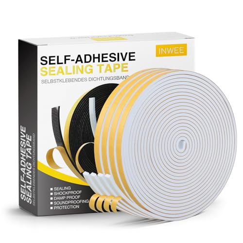 Inwee Burlete adhesivo de espuma de 6 mm x 3 mm, cinta aislante insonorizante, burlete de puerta de ventana, 4 rollos en total de 20 m de largo
