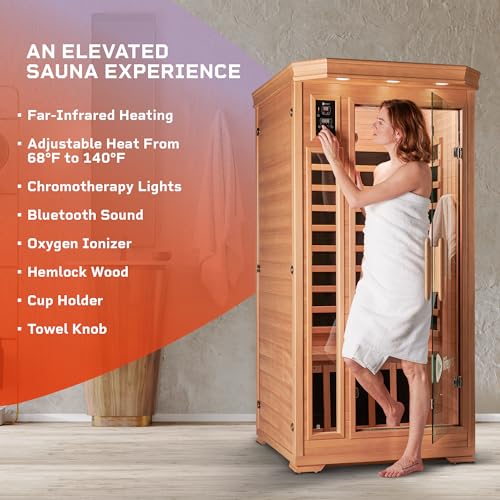 LifePro 1 Person Far Infrared Sauna for Home - Home Sauna, Tempered Glass Door, Oxygen Ionizer, & 7 Chromotherapy Lights for Indoor Sauna - Canadian Hemlock Wood Dry Sauna with Bluetooth Sound System - Image 4