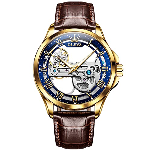 OLEVS Skeleton Montre mécanique Automatique pour Homme, en Cuir de Luxe étanche et Lumineuse, 6661 Marron/Or/Bleu, lanière
