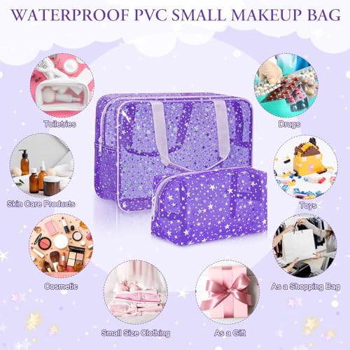 Aliceset 2 Pcs Clear Star Makeup Bag Large Cosmetic Bag with Handle and Medium Makeup Pouch Durable Waterproof Travel Toiletry Storage Pouch Zipper Design for Storage Travel(Purple)4