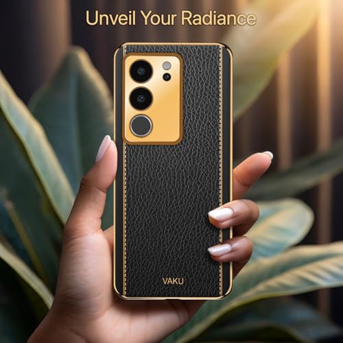 Image of Vaku Luxos Luxemberg Back Cover for Vivo V29 5G with Leather Pattern Gold Electroplated Soft TPU Cover Shockproof Protective Case- Black
