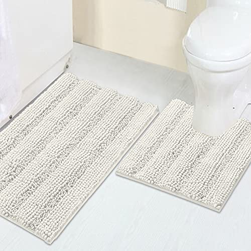 Image of Luxury Chenille Bath Rug Sets for Bathroom Extra Absorbent Bath Mat With Toilet Floor Rug, Non-Slip, Machine-Washable, Shaggy Carpet Rug Soft, Plush Rugs for Tub Shower 20 inch x 32 inch /20 inch x 20 inch, Shag Ivory