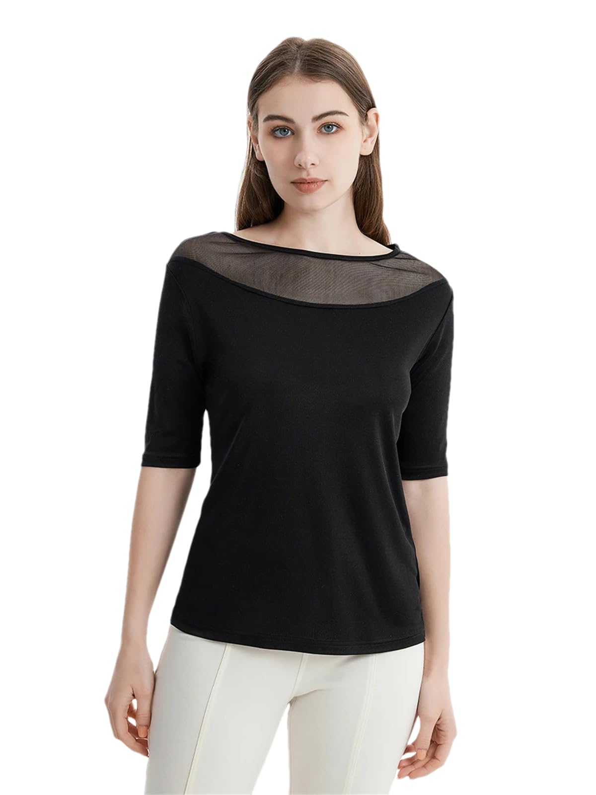Women Solid Knitted Silk T Shirt Summer Classic Short Sleeve Mesh Slash Neck Tee Tops