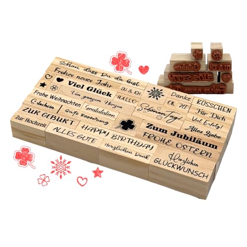Stempelset 33 Stück Holzstempel mit Sprüchen und Motiven Stempel Geburtstag Einladung Frohe Weihnachten Happy birthday Herz Stempel Kreatives Stempel Set für Karten DIY Deko