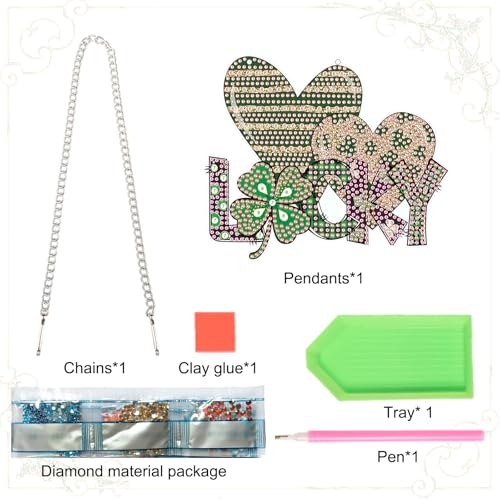 Image of DIY Diamond Painting Hanging Ornament - St. Patrick's Day Lucky Sign with Shamrock and Hearts, 5D Green Rhinestone Craft for Wall Door Festival Decor