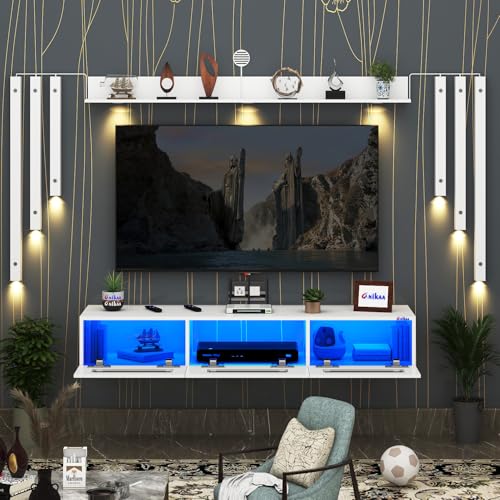 Image of Anikaa RayzaNote Engineered Wood Wall Mount TV Unit Acrylic Blue LED Storage Box, Side Wooden Accent Spot Light I Deal for Up to 50 Inch TV White - DIY Installation