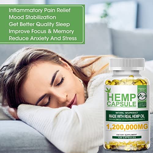 Hemp Oil Capsules - 120 Veggie Softgels - 1,200,000 mg Natural Premium Hemp Oil Extract Capsules for Sleep Aid & Mood Support & Stress Relief - Rich in Omega 3 6 9 & Vitamins