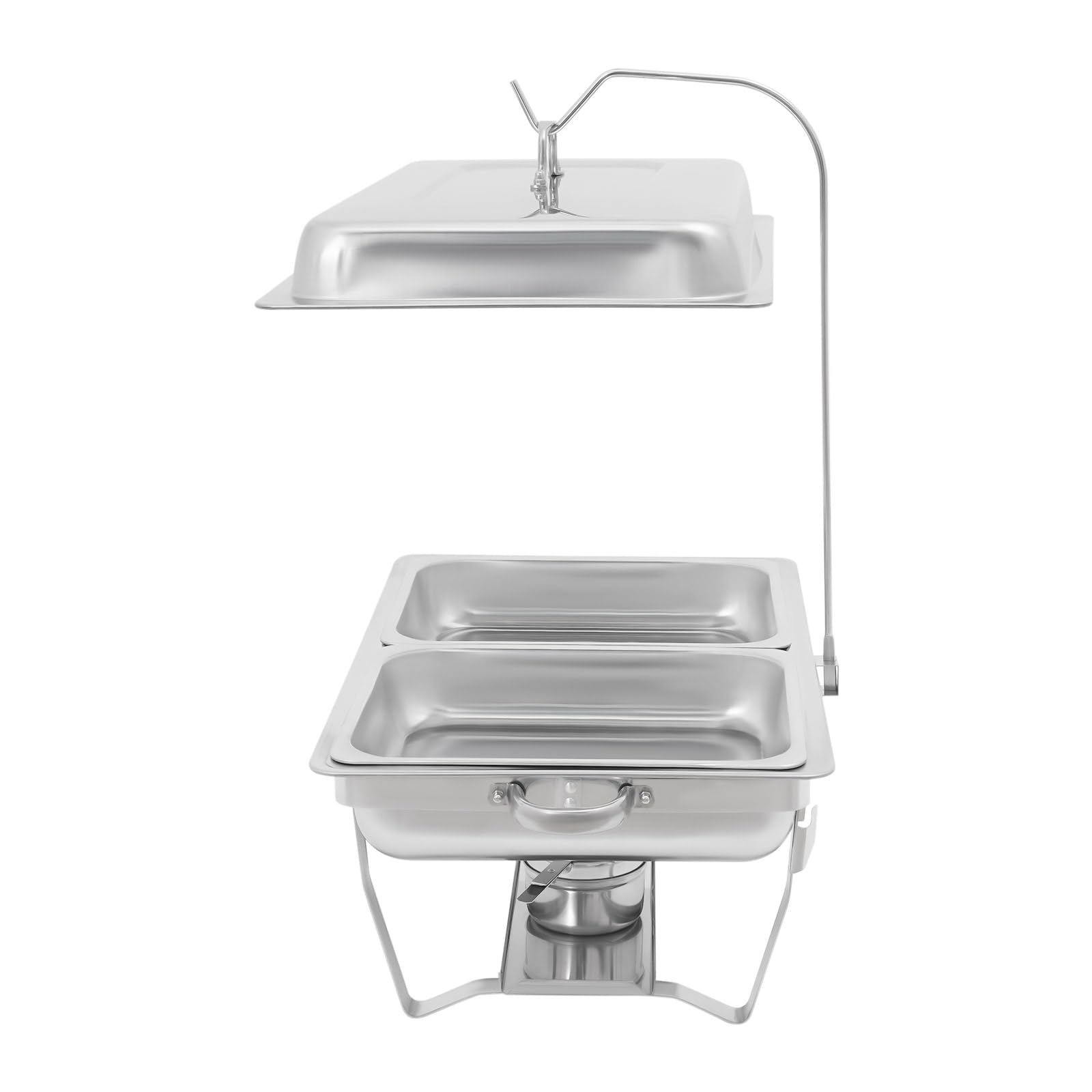 Doppio chafing dish scaldabagno in acciaio inox 410-9L volume totale (2 padelle da 4,5 l), con 2 supporti combustibili e struttura pieghevole, per catering, buffet e feste