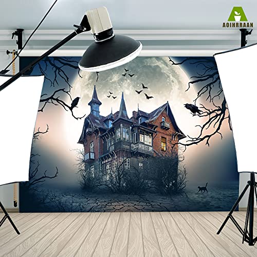 Aoihrraan 9x6ft Horror Haunted House Backdrop Mid Night Bright Full Moon Bats Gloomy Trees Halloween Photography Background Kids Trick or Treat Party Decor Children Portrait Photo Studio Props - Image 4