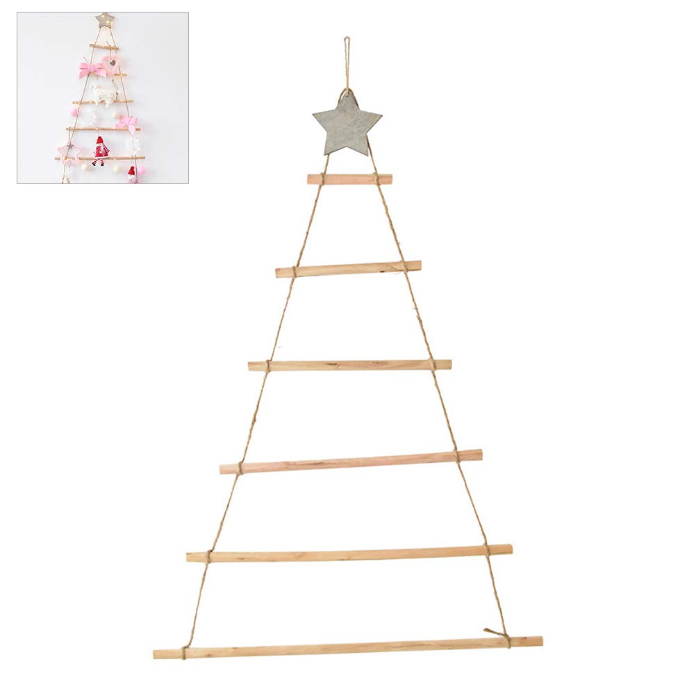 Decoración de pared colgante de árbol de Navidad, escalera de cuerda de madera colgante de 80 cm, decoración de pared de árbol de Navidad, ramas, escalera de madera iluminada, decoración de Navidad