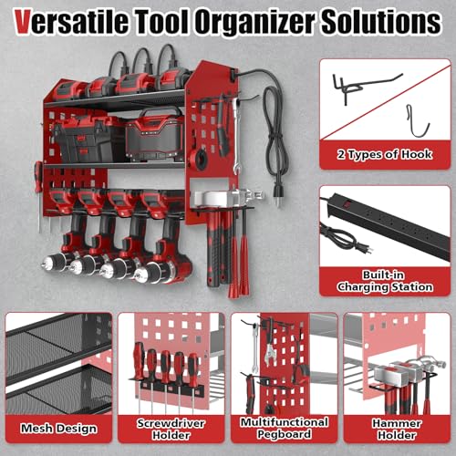 Image of SUNALLY Power Tool Organizer Wall Mount with Charging Station,3 Layer Metal Tool Storage Rack with 4 Drill Holders, Heavy Duty Power Tool Shelf for Garage, Warehouse, Workshop, Gifts for Men, Husband