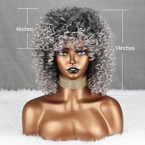 Xinran Curly Afro Grey Wigs for Black Women, Short Grey Afro Wig with Bangs, Synthetic Omber Gray Curly Full Wig 14 inch