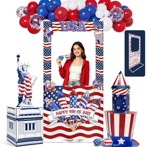 25Pcs 4th of July Photo Props - 4th of July Photo Booth Props Backdrop Kit with Patriotic Photo Booth Frame Boxes Balloons Fourth of July Decorations for Independence Day Patriotic Party Supplies