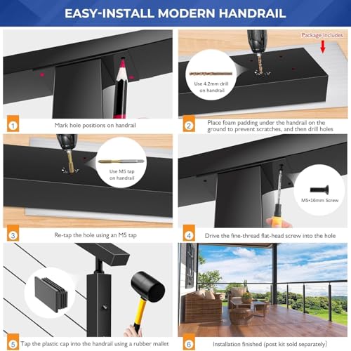 Image of Modular 3Pack 12FT Stainless Steel T304 Black Handrail for Cable Railing with Nylon End Cap Kits, 2.36 inch W x 1.18 inch H Cuttable Flat Handrail Rectangular Top Rail for Stair Railing Indoor Outdoor