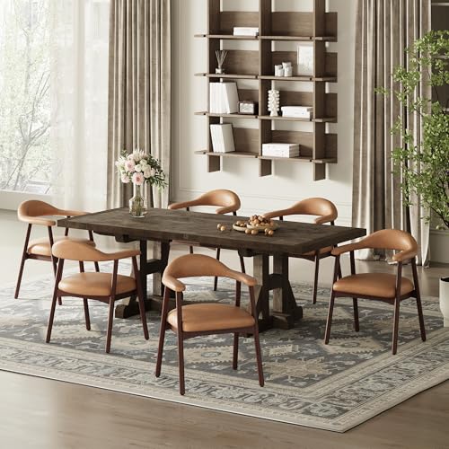 MALOL Leather Dining Chair with Armrest Set of 6, Upholstered Dining Room Chair with Curved Back and Wood Legs, Mid Century Modern Kitchen Chairs for Kitchen Dining Room