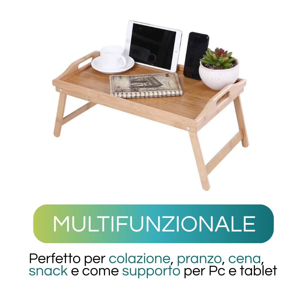Virsus Vassoio da letto in Legno di Bambù con manici, 50x30x21 cm, richiudibile con gambe pieghevoli per colazione a letto, tavolino porta Pc, per mangiare in montagna, mare, campeggio, 2415F